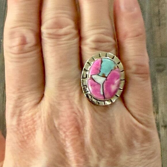 Unique Cotton Candy Turquoise Oval Cabochon Ring Sterling Silver Size 7 New - Picture 9 of 9